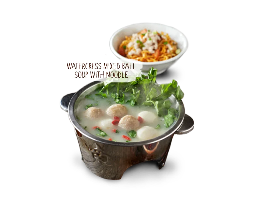 Watercress mixed ball soup with noodle